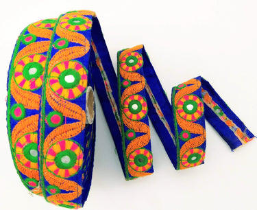 Royal Blue Mirrored Fabric Trim With Orange, Yellow, Green And Pink Embroidery